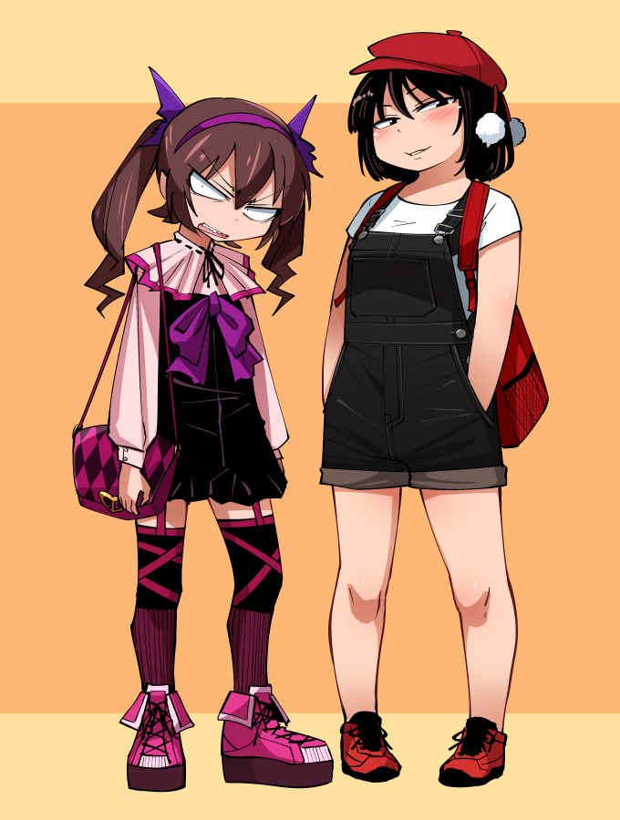 2girls adapted_costume backpack bag bare_legs black_dress black_hair black_overalls brown_hair cabbie_hat capelet contemporary dilated_pupils dress garter_straps hair_between_eyes hairband hands_in_pockets hat high_tops himekaidou_hatate long_sleeves looking_at_viewer multicolored multicolored_clothes multicolored_legwear multiple_girls overall_shorts overalls pigeon-toed pink_footwear platform_footwear pom_pom_(clothes) purple_hairband purple_neckwear red_backpack red_footwear red_headwear shameimaru_aya shimizu_pem shirt shoes short_hair short_hair_with_long_locks smile sneakers t-shirt thigh-highs touhou v-shaped_eyebrows white_shirt