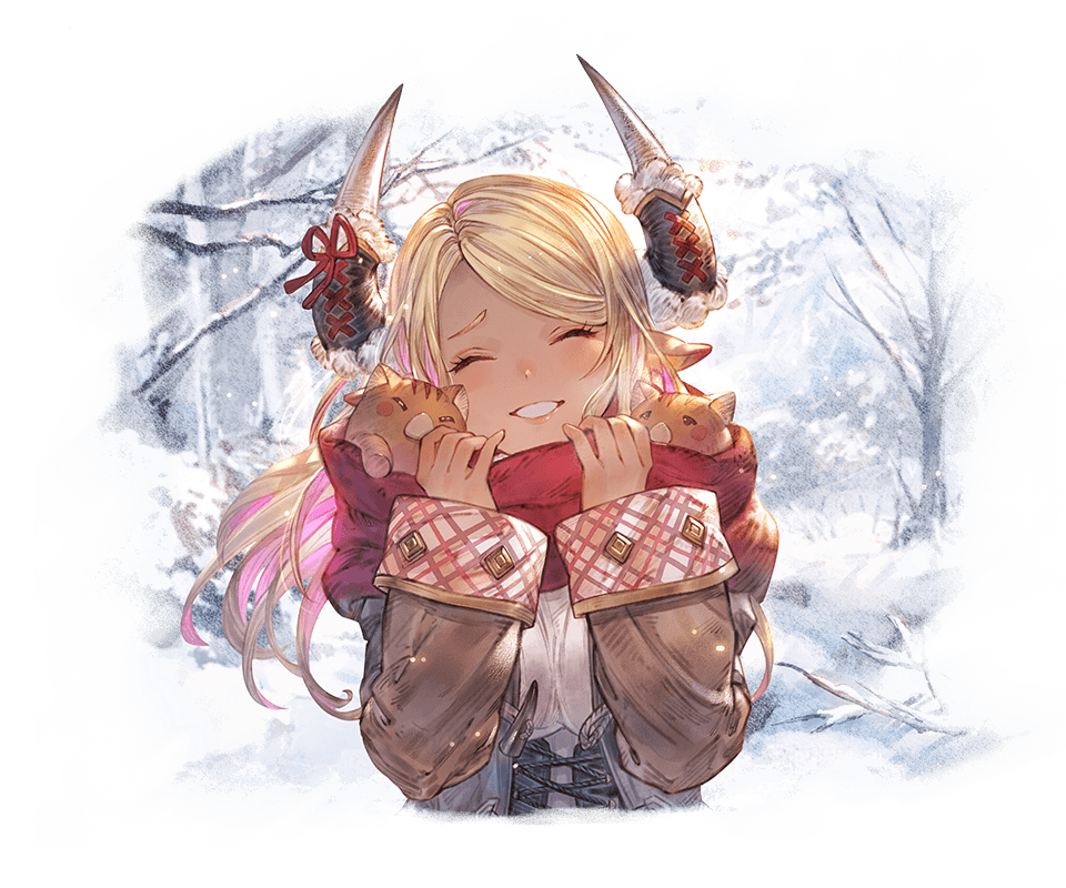 1girl alpha_transparency bangs bare_tree blonde_hair blush breasts brown_coat closed_eyes coat dark_skin day draph eyebrows_visible_through_hair fur_trim granblue_fantasy horn_ornament horns kuvira_(granblue_fantasy) large_breasts lips long_hair long_sleeves minaba_hideo official_art outdoors parted_bangs piglet pointy_ears red_scarf ribbed_sweater scarf smile snow solo sweater transparent_background tree upper_body white_sleeves