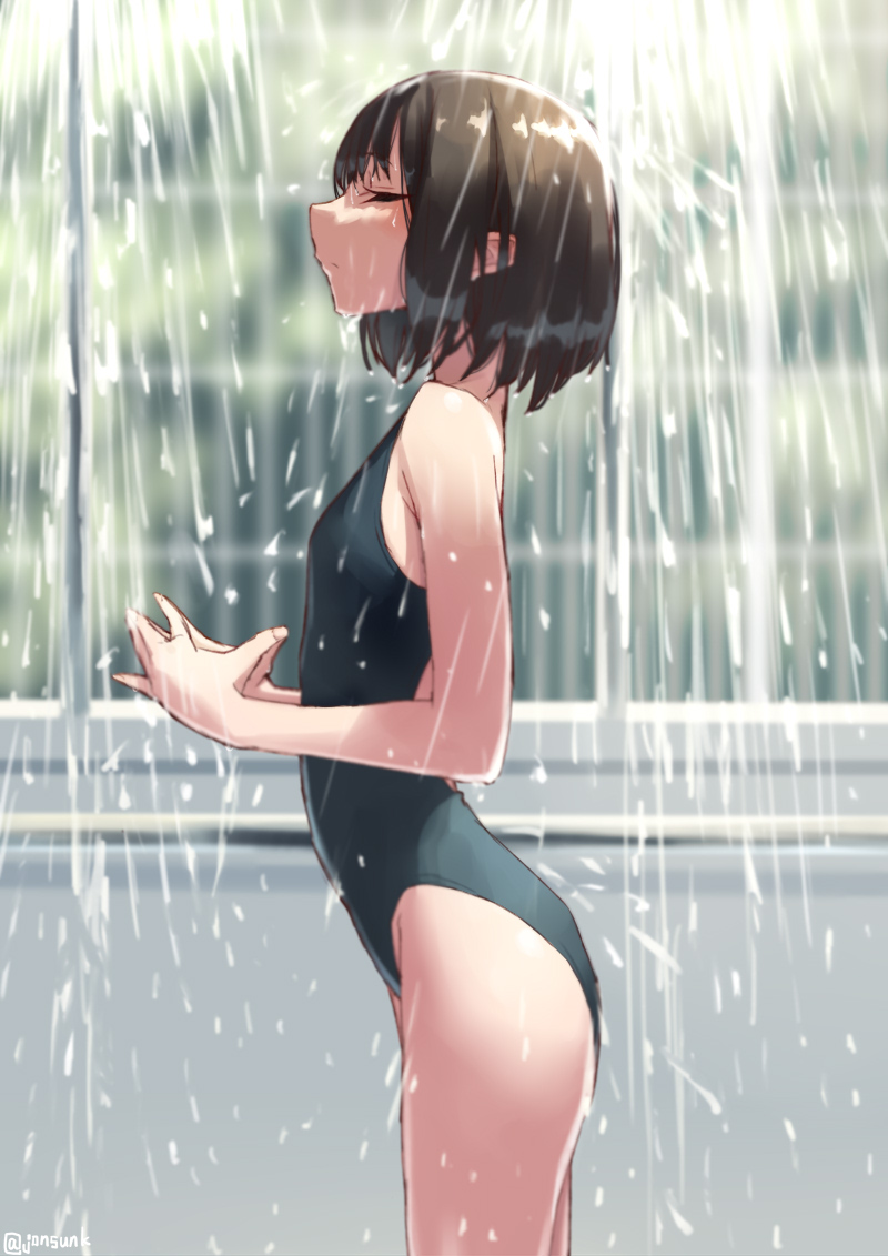 1girl black_hair breasts closed_eyes competition_swimsuit fingers_together jonsun one-piece_swimsuit original short_hair showering small_breasts solo swimsuit