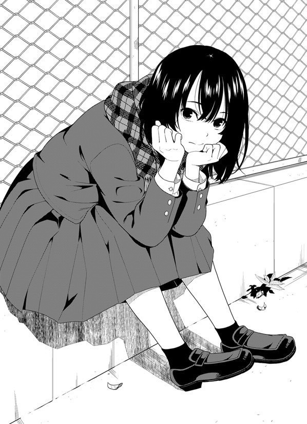 1girl arm_support bangs blazer chain-link_fence closed_mouth fence greyscale hair_between_eyes head_in_hand jacket leaning_forward loafers looking_at_viewer mattaku_mousuke monochrome original plaid plaid_scarf pleated_skirt scarf school_uniform shoes sitting skirt socks solo