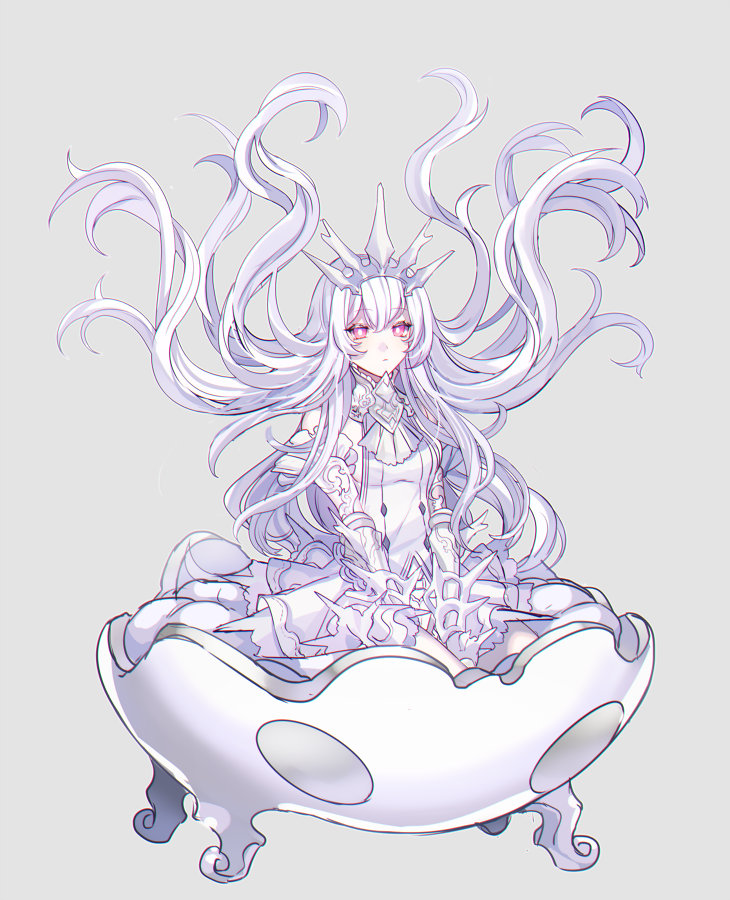 1girl armor bare_shoulders blush breasts closed_mouth crown dress eyebrows_visible_through_hair floating floating_hair katagiri_hachigou lavender_dress lavender_hair light_blush long_hair original pink_eyes sideboob simple_background sitting solo