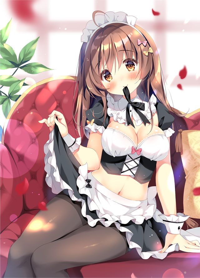 1girl ahoge apron bangs black_legwear black_ribbon black_skirt blurry blurry_background blush bow breasts brown_bow brown_eyes brown_hair commentary_request couch crop_top depth_of_field eyebrows_visible_through_hair feet_out_of_frame frilled_apron frilled_skirt frills hair_between_eyes hair_bow head_tilt kokoa-chan_(pan_(mimi)) large_breasts lifted_by_self long_hair maid maid_headdress midriff mouth_hold navel neck_ribbon on_couch original pan_(mimi) pantyhose petals pillow pink_bow puffy_short_sleeves puffy_sleeves ribbon ribbon_in_mouth short_sleeves sitting skirt skirt_lift smile solo swimsuit thighband_pantyhose waist_apron white_apron wrist_cuffs