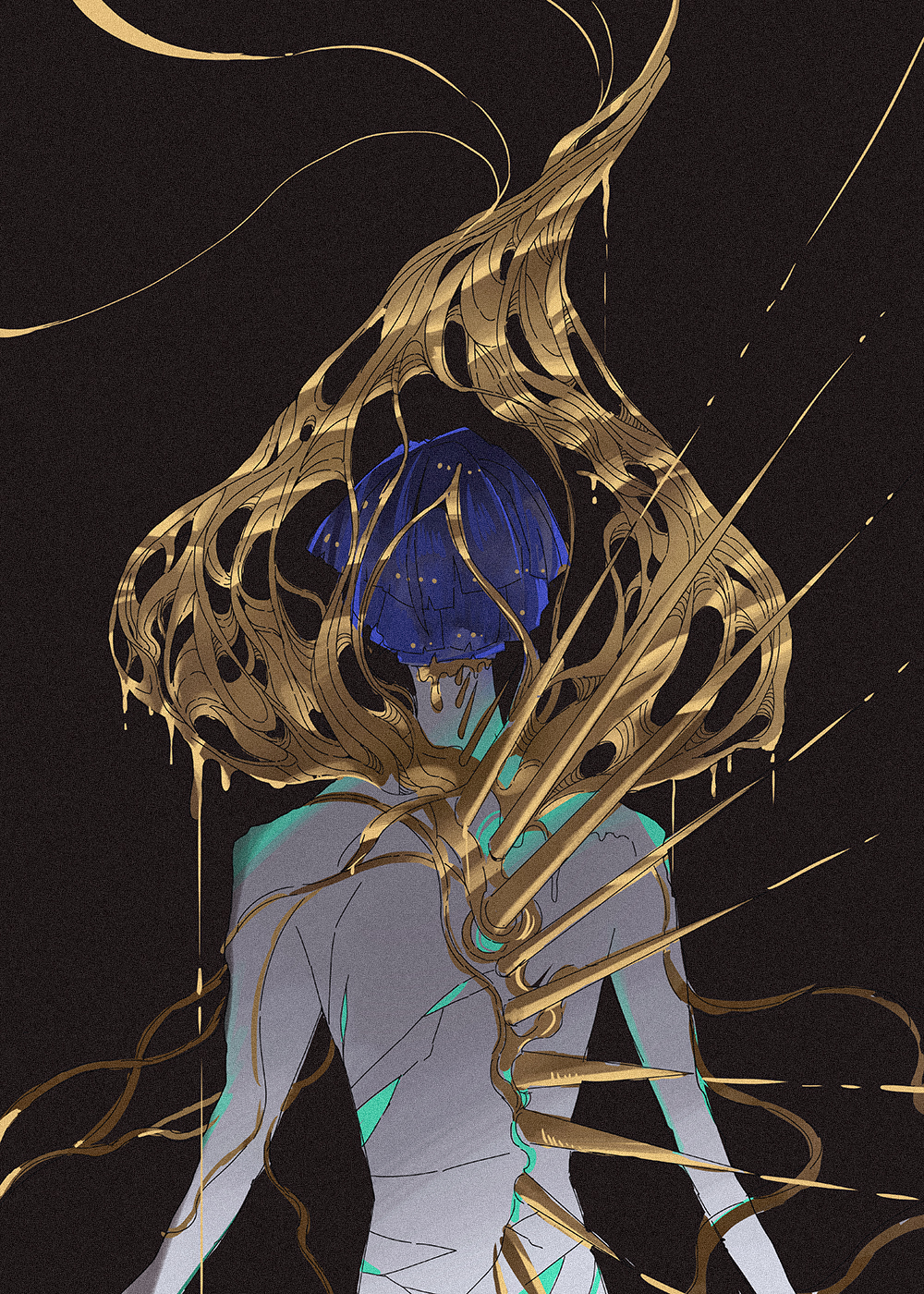 1other androgynous black_background blue_hair broken crack cracked crystal_hair dripping from_behind gold highres houseki_no_kuni ko_ryou leaking liquid melting molten_metal phosphophyllite phosphophyllite_(ll) short_hair simple_background solo spikes spoilers