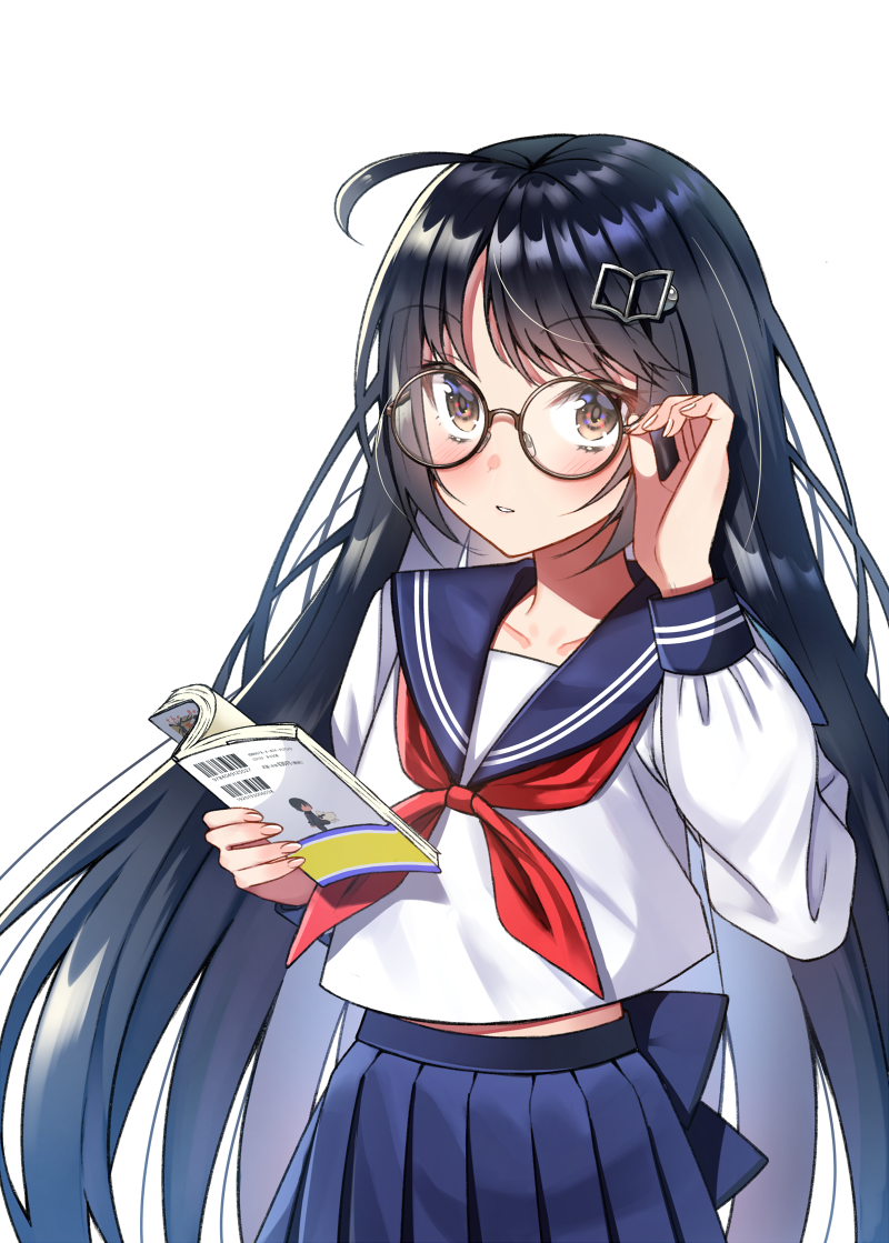 1girl ahoge bangs black_hair blue_skirt blush brown_eyes collarbone commentary_request cover cover_page eyebrows_visible_through_hair glasses hair_ornament hairclip holding long_sleeves looking_at_viewer minatoasu novel_cover novel_illustration original school_uniform serafuku shirt simple_background skirt solo white_background white_shirt