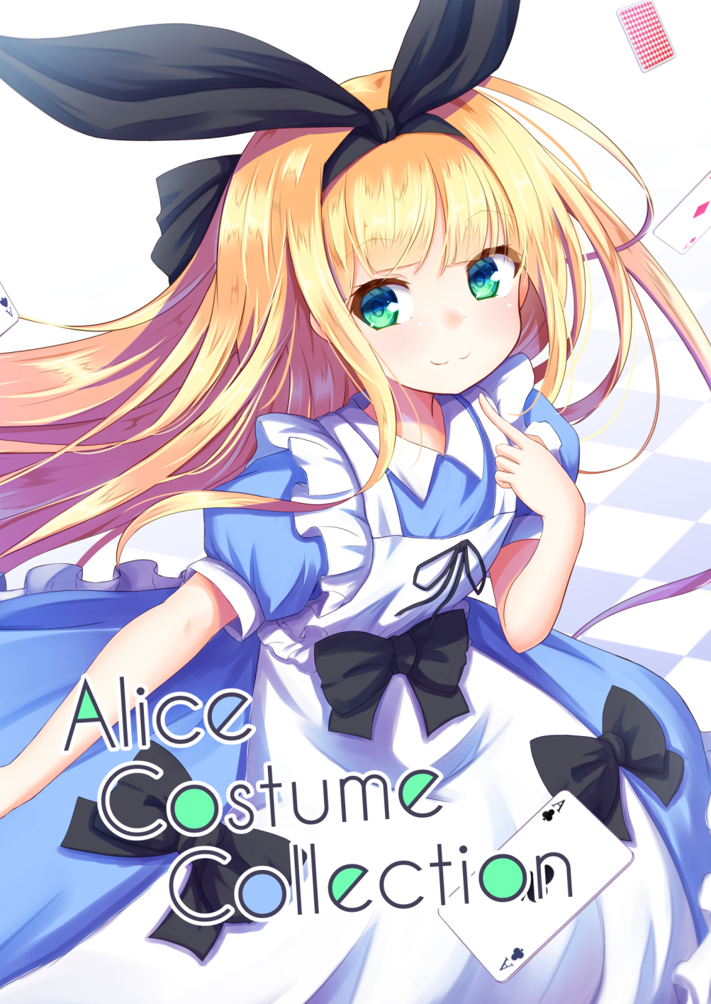 1girl apron bangs baram black_bow black_ribbon blonde_hair blue_dress bow card character_name checkered closed_mouth collared_dress commentary_request cover cover_page diamond_(shape) dress eyebrows_visible_through_hair frilled_apron frills green_eyes hair_ribbon highres long_hair looking_at_viewer mononobe_alice nijisanji playing_card puffy_short_sleeves puffy_sleeves ribbon short_sleeves smile solo spade_(shape) very_long_hair virtual_youtuber white_apron