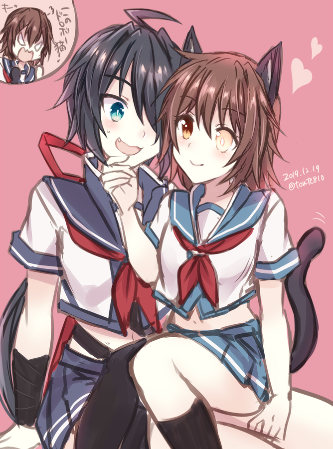 2girls ahoge animal_ears bangs black_hair blue_sailor_collar blue_skirt brown_hair cat_ears cat_tail commentary_request cowboy_shot eye_contact fang furutaka_(kantai_collection) glowing glowing_eye hair_ornament hairclip heart heterochromia kabocha_torute kako_(kantai_collection) kantai_collection long_hair looking_at_another messy_hair midriff multiple_girls neckerchief open_mouth parted_bangs pink_background pleated_skirt ponytail red_neckwear sailor_collar school_uniform serafuku short_hair single_thighhigh sitting sitting_on_person skirt tail thigh-highs yellow_eyes yuri