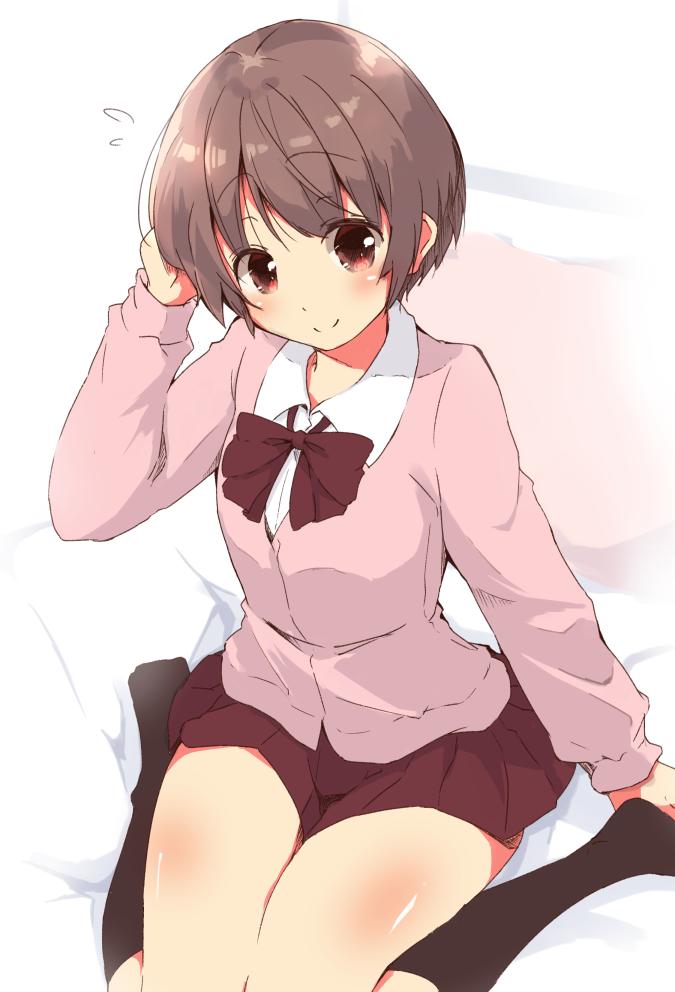 1girl achiga_school_uniform alternate_costume bed_sheet black_legwear bow bowtie cardigan closed_mouth commentary dress_shirt flying_sweatdrops hand_in_hair looking_at_viewer miniskirt miyanaga_saki on_bed pillow pink_sweater pleated_skirt red_neckwear red_skirt saki saki_achiga-hen school_uniform shirt sitting skirt smile socks solo sweater thighs tom_q_(tomtoq) wariza white_shirt wing_collar