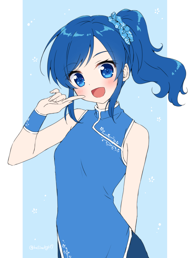 1girl :d aikatsu! aikatsu!_(series) bangs bare_shoulders blue_background blue_dress blue_eyes blue_hair blue_scrunchie blush china_dress chinese_clothes dress eyebrows_visible_through_hair finger_to_mouth hair_ornament hair_scrunchie hand_up hoshino_kagari kiriya_aoi long_hair open_mouth scrunchie side_ponytail sidelocks sleeveless sleeveless_dress smile solo swept_bangs twitter_username two-tone_background white_background