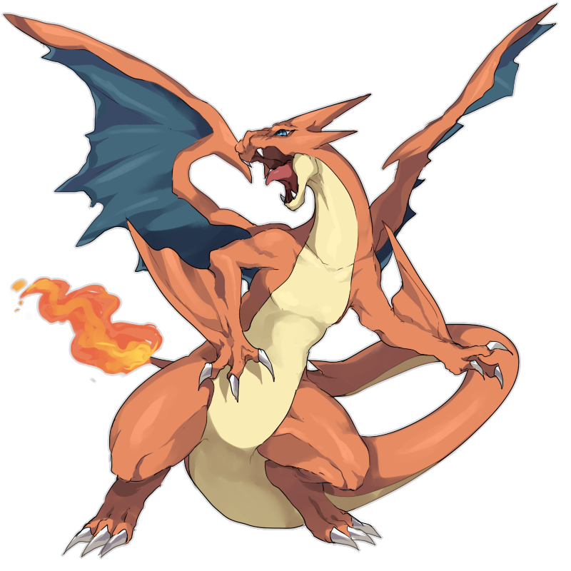 blue_eyes charizard collarbone dragon fire katagiri_hachigou mega_charizard_y no_humans open_mouth pokemon pokemon_(creature) pokemon_(game) pokemon_xy simple_background standing tongue white_background