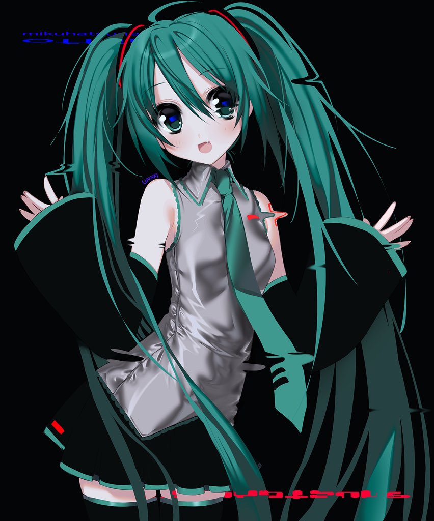 1girl :d ahoge arm_warmers black_background black_skirt detached_sleeves fang hatsune_miku necktie open_mouth shiny_clothes skirt smile solo solo_focus teal_eyes teal_hair unxi very_long_hair vocaloid zettai_ryouiki