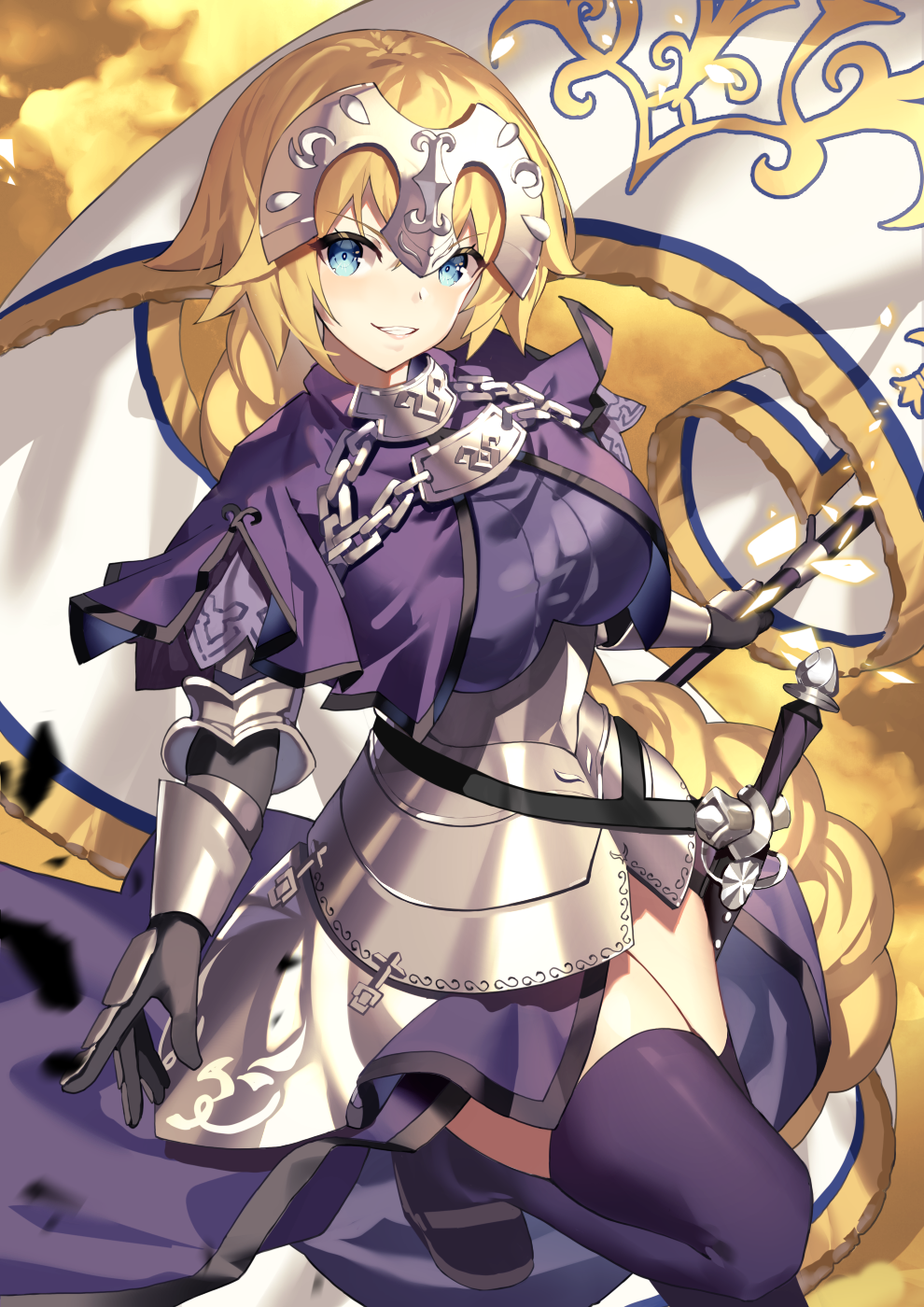 1girl akae_neo armor armored_dress bangs black_gloves blonde_hair blue_eyes blush braid breasts chain commentary_request dress eyebrows_visible_through_hair fate/grand_order fate_(series) flag gloves grin headpiece highres holding holding_flag jeanne_d'arc_(fate) jeanne_d'arc_(fate)_(all) long_hair looking_at_viewer medium_breasts purple_dress purple_legwear smile solo standing standing_on_one_leg sword thigh-highs v-shaped_eyebrows very_long_hair weapon