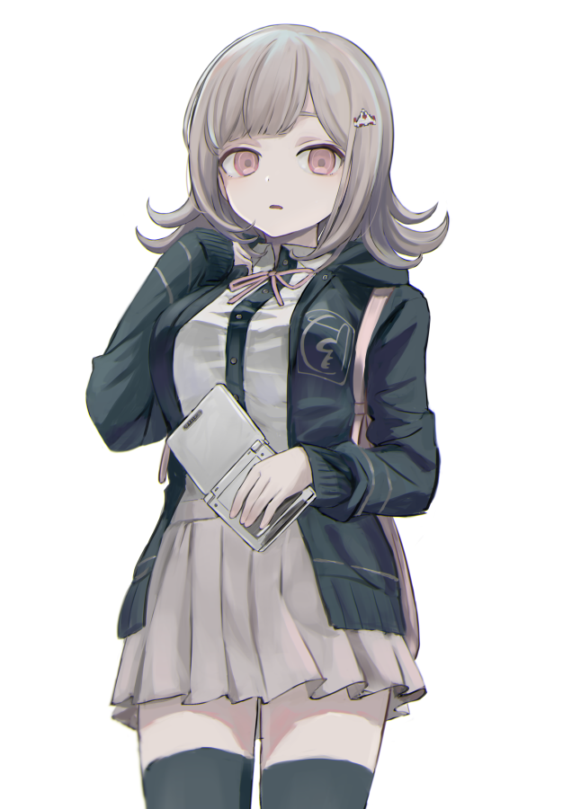 1girl backpack bag bangs black_jacket black_legwear breasts brown_hair brown_skirt commentary_request dangan_ronpa flipped_hair hair_ornament hairclip handheld_game_console holding_handheld_game_console hood hooded_jacket hoodie jacket large_breasts long_sleeves looking_at_viewer nanami_chiaki open_mouth pink_eyes pink_ribbon ribbon school_uniform shirt short_hair simple_background skirt solo super_dangan_ronpa_2 thigh-highs user_next5434 white_background