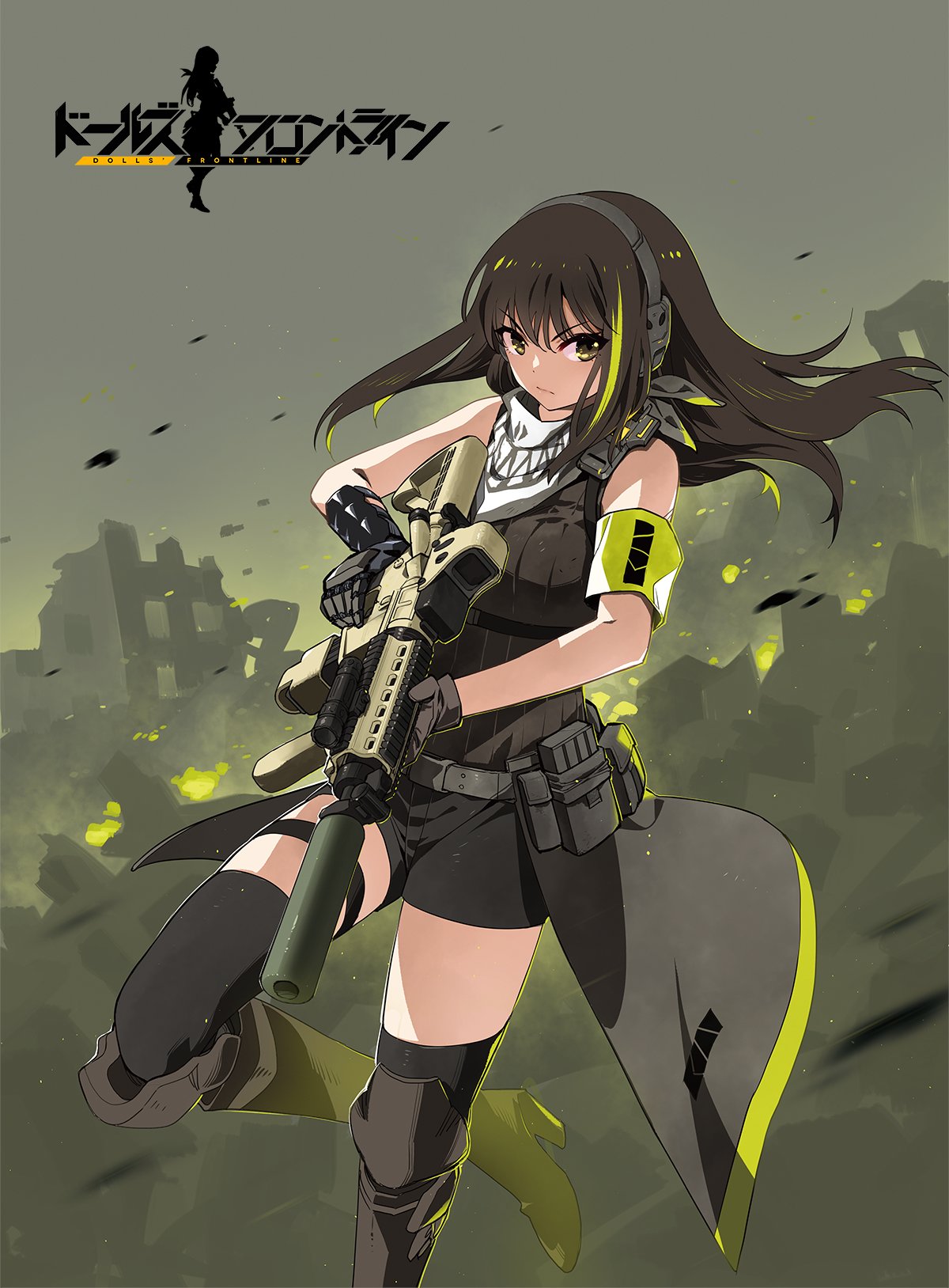 1girl acog armband assault_rifle asymmetrical_gloves belt_buckle belt_pouch boots brown_hair buckle commentary_request copyright_name cover cover_page girls_frontline gloves green_eyes grip gun highres laser_sight long_hair m4_carbine m4a1_(girls_frontline) magazine_(weapon) manga_cover miharu_(cgsky) official_art pouch rifle solo suppressor thigh-highs weapon