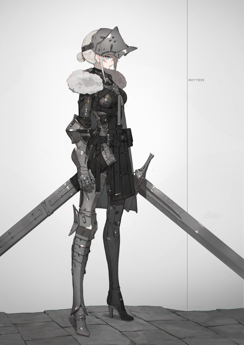 1girl armored_boots asymmetrical_clothes bangs blue_eyes bodysuit boots breasts fur_collar gauntlets highres holding holding_sword holding_weapon medium_breasts neco original profile short_hair silver_hair solo standing sword visor_lift weapon