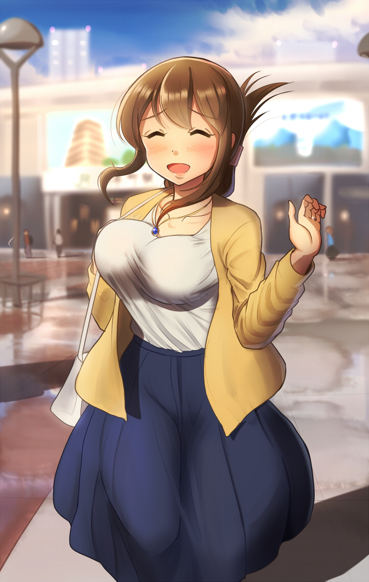 alternate_costume bag bouncing_breasts breasts brown_hair closed_eyes collar collarbone folded_ponytail impossible_clothes inazuma_(kantai_collection) jewelry kantai_collection large_breasts maku_ro older outdoors ring smile urban