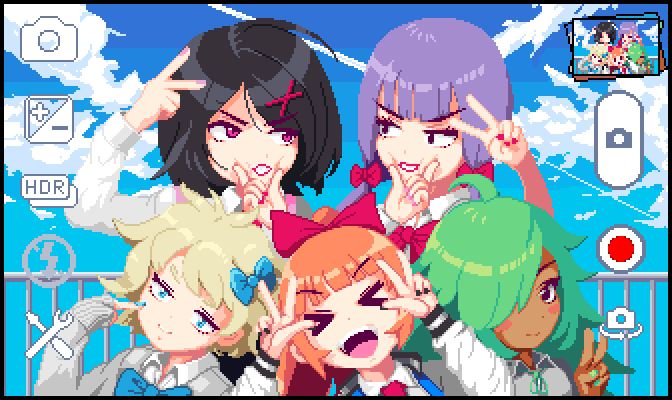 &gt;_&lt; 5girls ahoge animated animated_png black_hair blinking blue_bow blue_eyes blue_sky blush_stickers bow cha_(1122343) character_request cheek_pinching commentary dark_skin day double_v green_hair group_picture gyaru hair_bow hair_ornament hair_over_one_eye kunio-kun_series kyoko_(kunio-kun) light_brown_hair low_twintails misako_(kunio-kun) multiple_girls orange_hair pinching pink_bow pink_eyes ponytail pose purple_hair river_city_girls school_uniform sky twintails v viewfinder x_hair_ornament