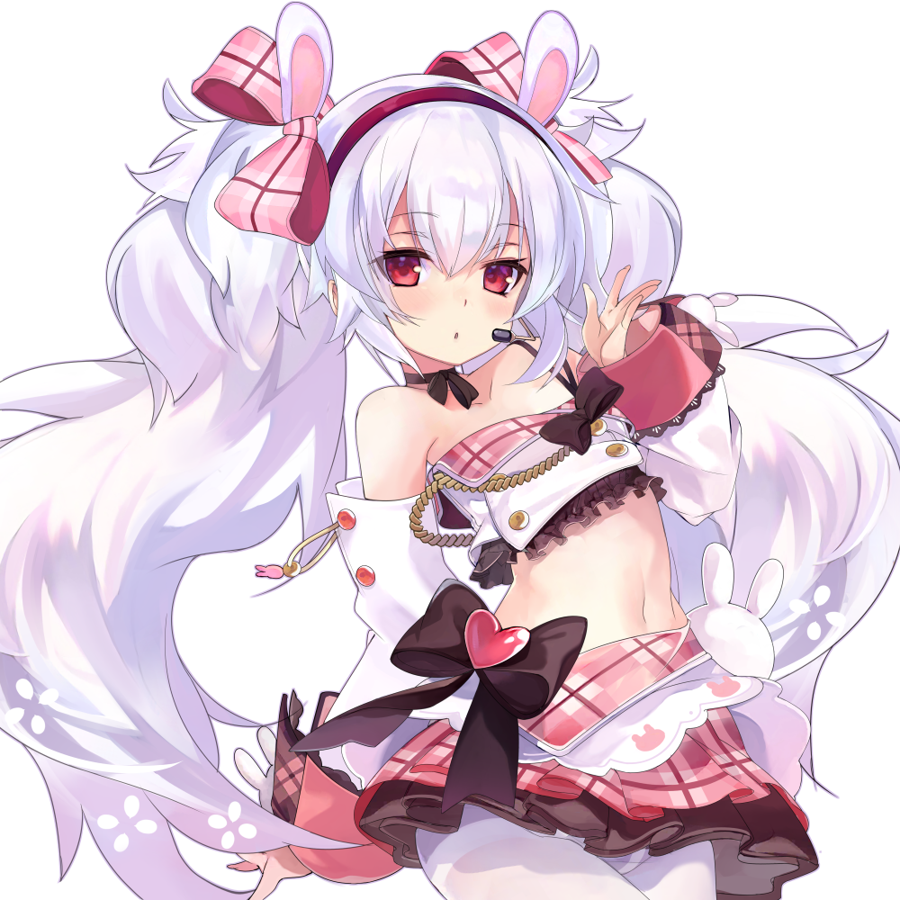 1girl azur_lane bare_shoulders bow choker cowboy_shot crop_top detached_sleeves frills hair_bow hairband idol laffey_(azur_lane) laffey_(halfhearted_bunny_idol)_(azur_lane) long_hair long_sleeves looking_at_viewer midriff miniskirt navel pantyhose parted_lips pink_skirt plaid plaid_skirt red_eyes shirokitsune shirt simple_background skirt solo strapless twintails very_long_hair white_background white_hair white_legwear white_shirt