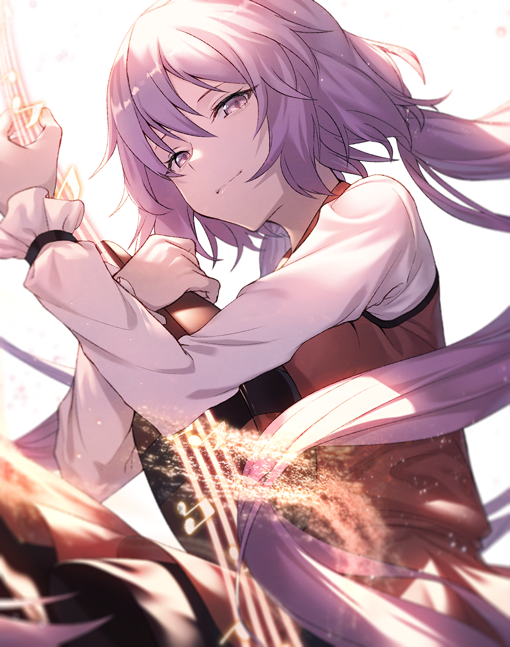 1girl bangs biwa_lute breasts dress floating_hair highres holding holding_instrument ibuki_notsu instrument long_hair long_sleeves looking_at_viewer low_twintails lute_(instrument) musical_note purple_hair red_dress shirt sidelocks skirt smile solo touhou tsukumo_benben twintails violet_eyes white_shirt wind