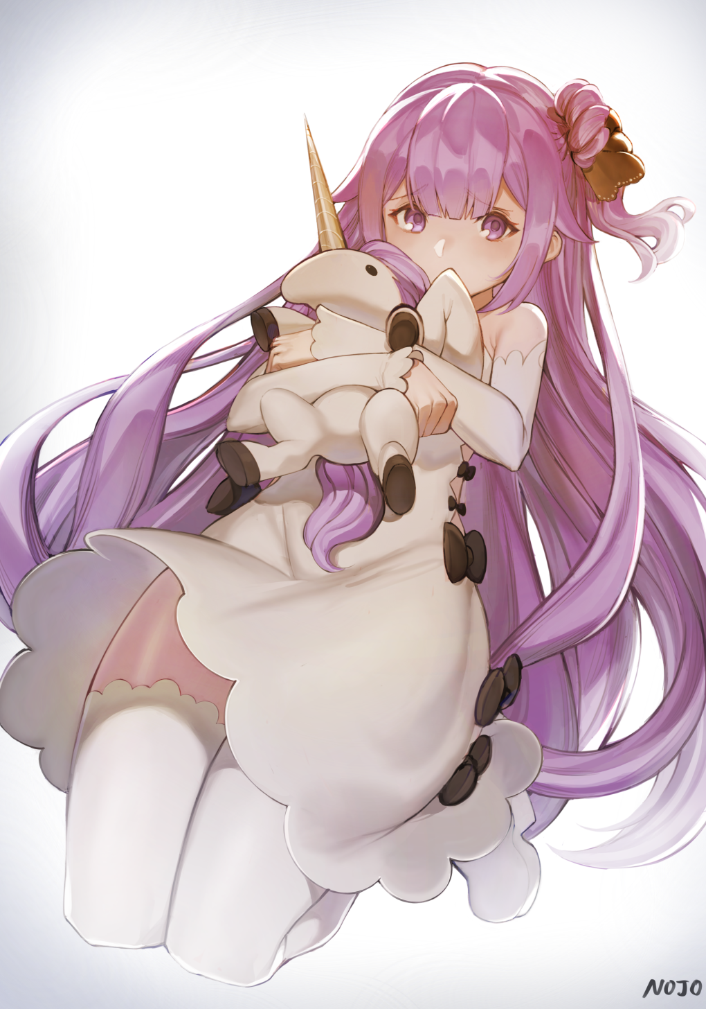1girl 9nojo artist_name azur_lane bangs black_bow blush boots bow commentary detached_sleeves dress english_commentary eyebrows_visible_through_hair full_body gradient gradient_background grey_background hair_bun highres horn long_hair long_sleeves object_hug purple_hair side_bun straight_hair stuffed_alicorn thigh-highs thigh_boots unicorn_(azur_lane) very_long_hair violet_eyes white_dress white_footwear