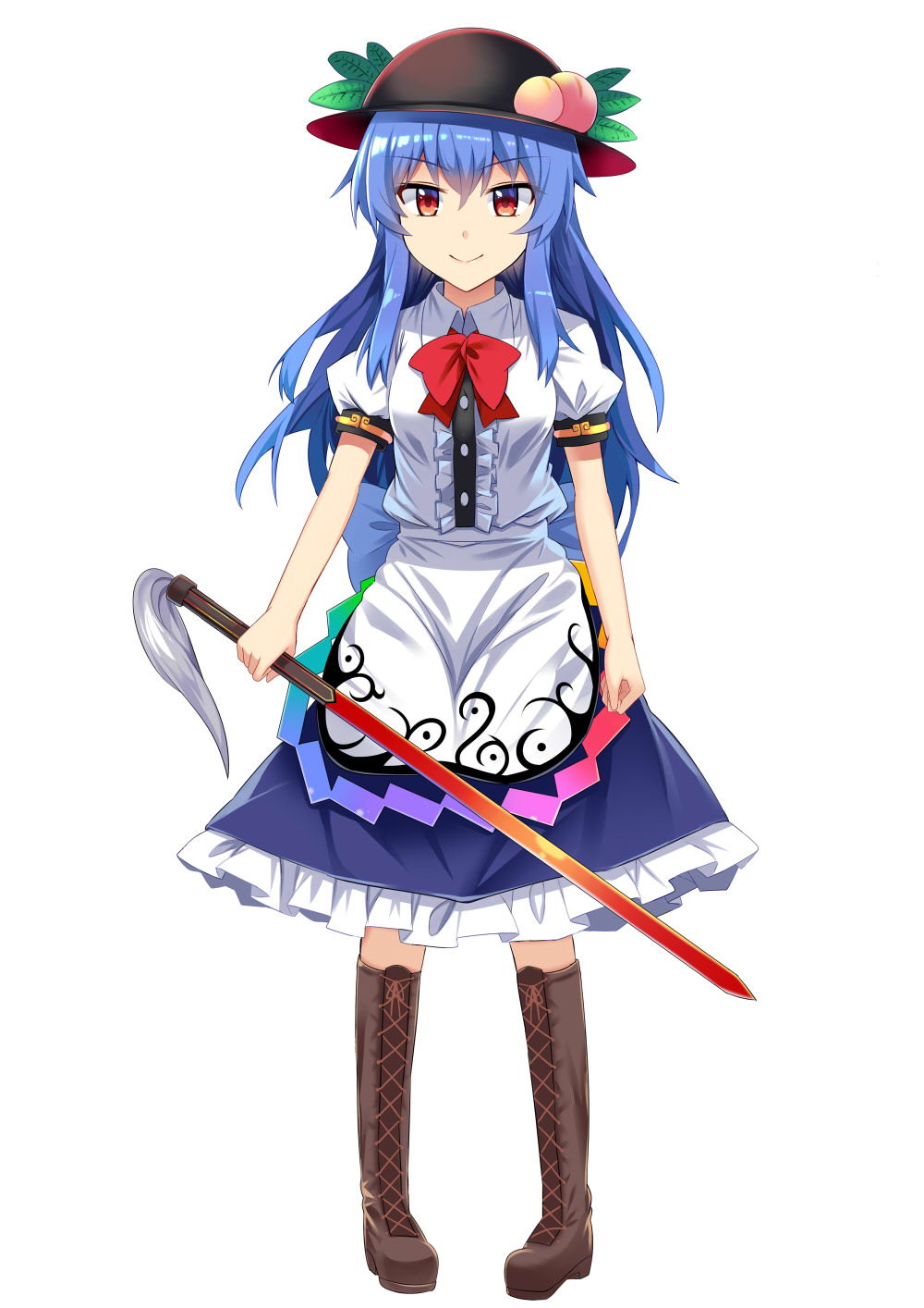 1girl bangs black_headwear blouse blue_hair blue_skirt boots bow bowtie brown_footwear center_frills commentary_request cross-laced_footwear e.o. eyebrows_visible_through_hair food fruit full_body hair_between_eyes hat highres hinanawi_tenshi holding holding_sword holding_weapon knee_boots lace-up_boots leaf long_hair looking_at_viewer peach petticoat puffy_short_sleeves puffy_sleeves red_bow red_eyes red_neckwear short_sleeves sidelocks simple_background skirt solo standing sword sword_of_hisou touhou weapon white_background white_blouse
