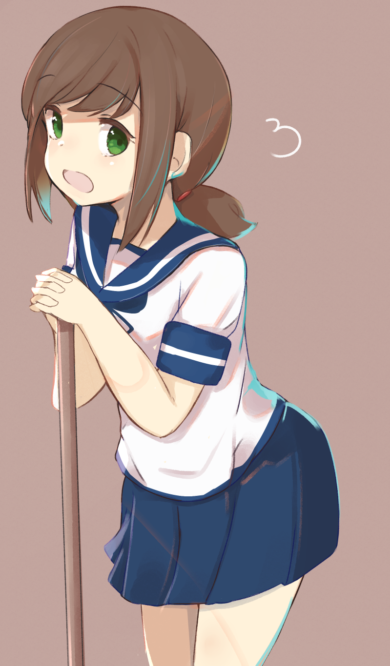 1girl bangs blue_ribbon blue_sailor_collar blue_skirt blush brown_background brown_hair commentary_request eyebrows_visible_through_hair fubuki_(kantai_collection) green_eyes hair_tie hands_together hands_up highres houjichaoic kantai_collection long_hair looking_at_viewer low_ponytail neck_ribbon open_mouth own_hands_together pleated_skirt ponytail ribbon sailor_collar school_uniform serafuku shirt short_sleeves simple_background skirt solo white_shirt