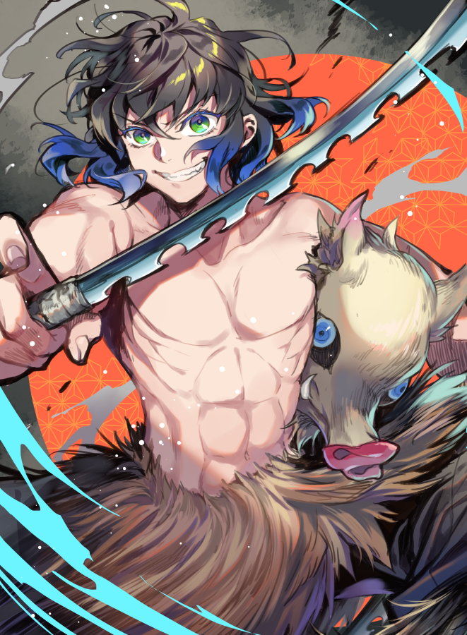 1boy abs asa_no_ha_(pattern) black_hair blue_hair boar_mask fur_trim green_eyes grin hashibira_inosuke japanese_flag katana kimetsu_no_yaiba male_focus mask mask_removed multicolored_hair noes pants shirtless smile sword toned toned_male two-tone_hair weapon