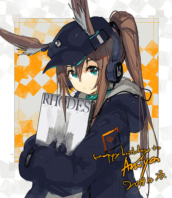 1girl amiya_(arknights) animal_ears arknights black_jacket blue_eyes brown_hair eyebrows_visible_through_hair hair_between_eyes headphones hood hood_down hooded_jacket jacket long_hair looking_at_viewer open_clothes open_jacket rabbit_ears sidelocks sketch solo upper_body yui_(niikyouzou)