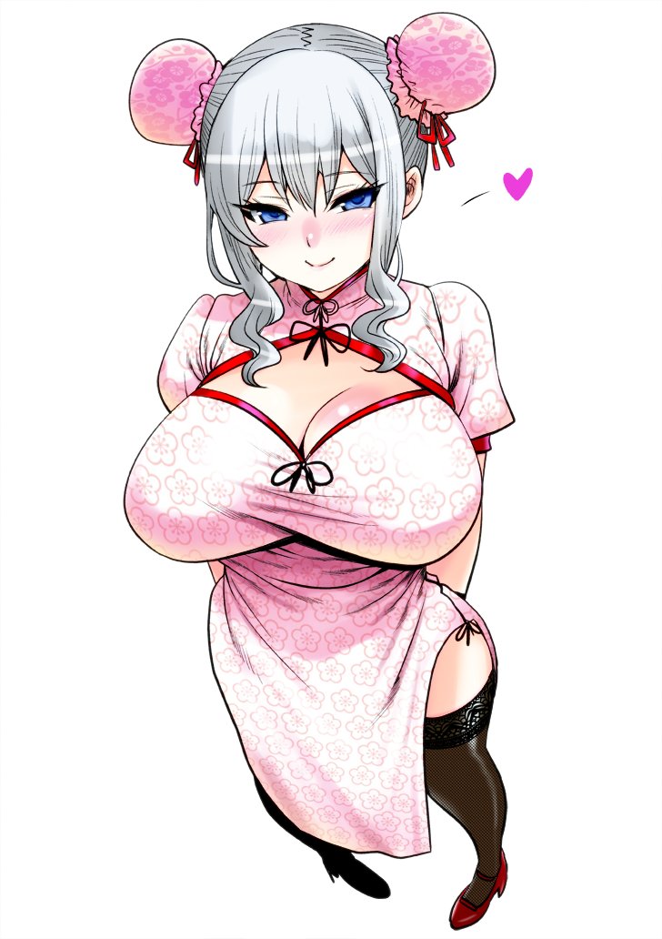 1girl alternate_costume arms_behind_back bangs black_legwear blue_eyes blush breasts bun_cover china_dress chinese_clothes double_bun dress eyebrows_visible_through_hair eyelashes floral_print heart high_heels kantai_collection kashima_(kantai_collection) large_breasts perepere-kun red_footwear short_sleeves side_slit sidelocks silver_hair simple_background smile solo standing thigh-highs white_background