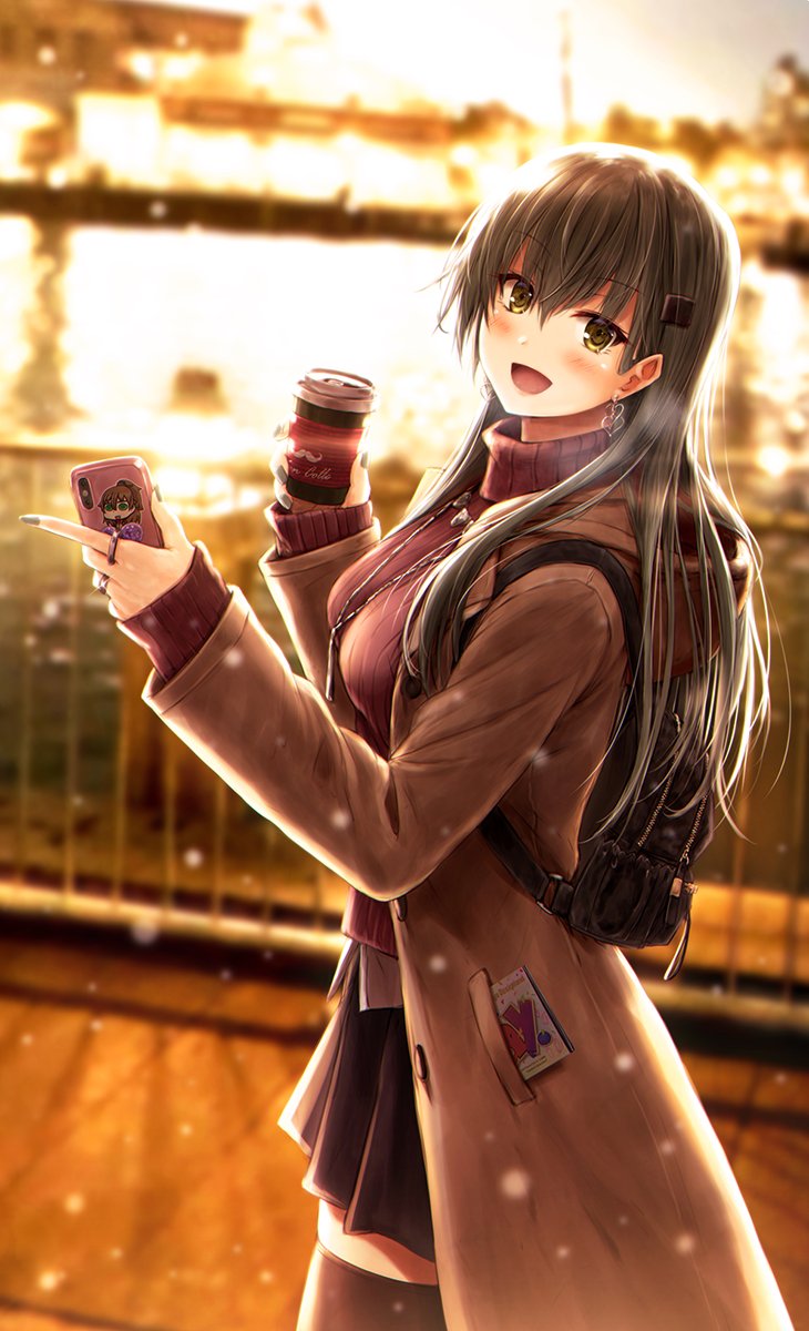 1girl :d alternate_costume black_backpack black_skirt brown_jacket cellphone coffee_cup commentary cup disposable_cup earrings eyebrows_visible_through_hair from_side green_eyes green_hair hair_ornament hairclip highres holding holding_cup holding_phone hood hooded_jacket jacket jewelry kantai_collection kumano_(kantai_collection) long_hair looking_at_viewer necklace night open_mouth phone pleated_skirt purple_sweater ribbed_sweater ring riyo_(lyomsnpmp)_(style) skirt smartphone smile solo sticker suien suzuya_(kantai_collection) sweater turtleneck turtleneck_sweater