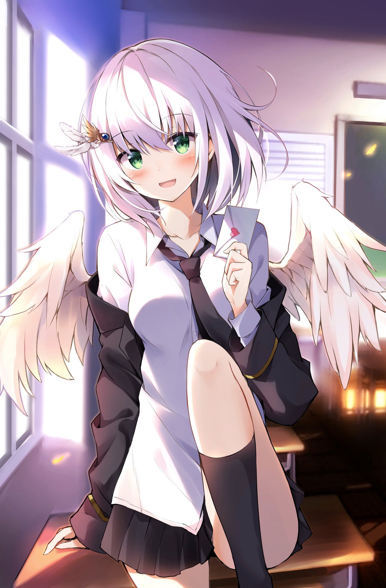 1girl angel_wings black_jacket black_legwear black_skirt classroom collared_shirt commentary_request desk envelope feathered_wings green_eyes hair_ornament heart highres holding hyurasan indoors jacket knee_up long_sleeves looking_at_viewer miniskirt necktie off_shoulder on_desk open_clothes open_jacket open_mouth original pleated_skirt shirt short_hair sitting sitting_on_desk skirt smile socks solo white_hair white_shirt wings