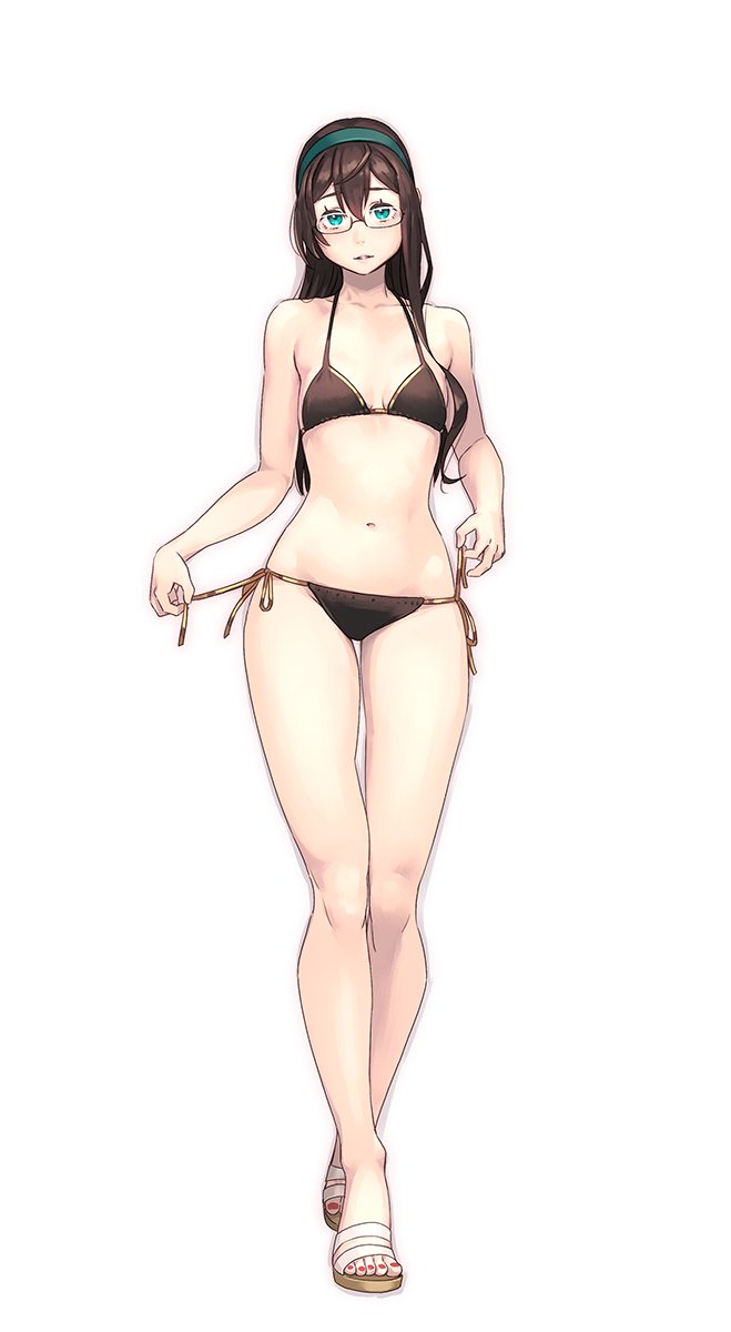 1girl alternate_costume bangs bare_arms bare_legs bare_shoulders bikini bikini_pull black_bikini black_hair blue_eyes blush breasts collarbone commentary_request eyebrows_visible_through_hair flip-flops full_body glasses hairband highres holding kantai_collection long_hair looking_at_viewer navel ooyodo_(kantai_collection) open_mouth sandals side-tie_bikini simple_background skindentation small_breasts smile solo standing swimsuit white_background yuuji_(and)