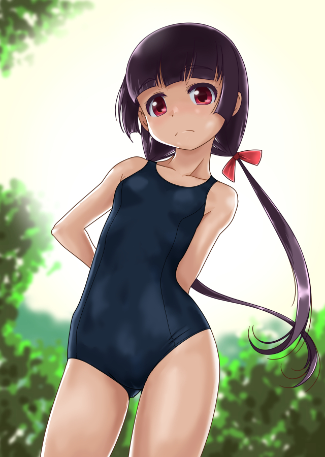 1girl ass_visible_through_thighs black_hair blue_swimsuit collarbone commentary_request contrapposto cowboy_shot day flat_chest frown hair_ribbon leaning_to_the_side long_hair looking_at_viewer low_twintails original outdoors red_eyes red_ribbon ribbon rohitsuka school_swimsuit solo standing swimsuit tree twintails white_sky