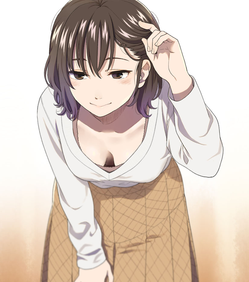 1girl arm_up bangs bent_over blurry blurry_background blush breasts brown_background brown_eyes brown_hair brown_skirt closed_mouth collarbone depth_of_field downblouse eyebrows_behind_hair gradient gradient_background hair_between_eyes hair_tucking long_sleeves mattaku_mousuke medium_breasts original shirt skirt smile solo white_background white_shirt