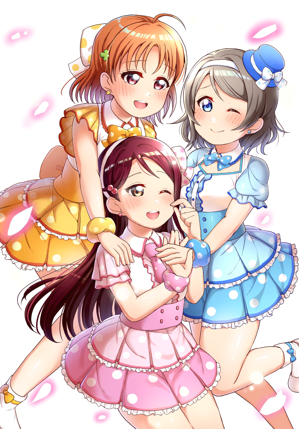 3girls ;) ;d ahoge back_bow bangs berisuno_(beriberi0707) blue_dress blue_eyes blue_headwear blue_neckwear blue_scrunchie blush bow bowtie brown_eyes center_frills clover_hair_ornament collared_dress commentary_request dress earrings frilled_dress frilled_sleeves frills grey_hair hair_bobbles hair_bow hair_ornament hairband hand_on_another's_shoulder hand_on_own_cheek hat hat_ribbon highres holding_hands jewelry long_hair love_live! love_live!_sunshine!! multiple_girls necktie omoi_yo_hitotsu_ni_nare one_eye_closed open_mouth orange_hair petals pink_dress pink_neckwear pink_scrunchie polka_dot polka_dot_dress polka_dot_scrunchie red_eyes redhead ribbon sakurauchi_riko scrunchie short_hair short_sleeves smile socks standing standing_on_one_leg takami_chika watanabe_you white_bow white_legwear wrist_scrunchie yellow_bow yellow_dress yellow_neckwear yellow_scrunchie