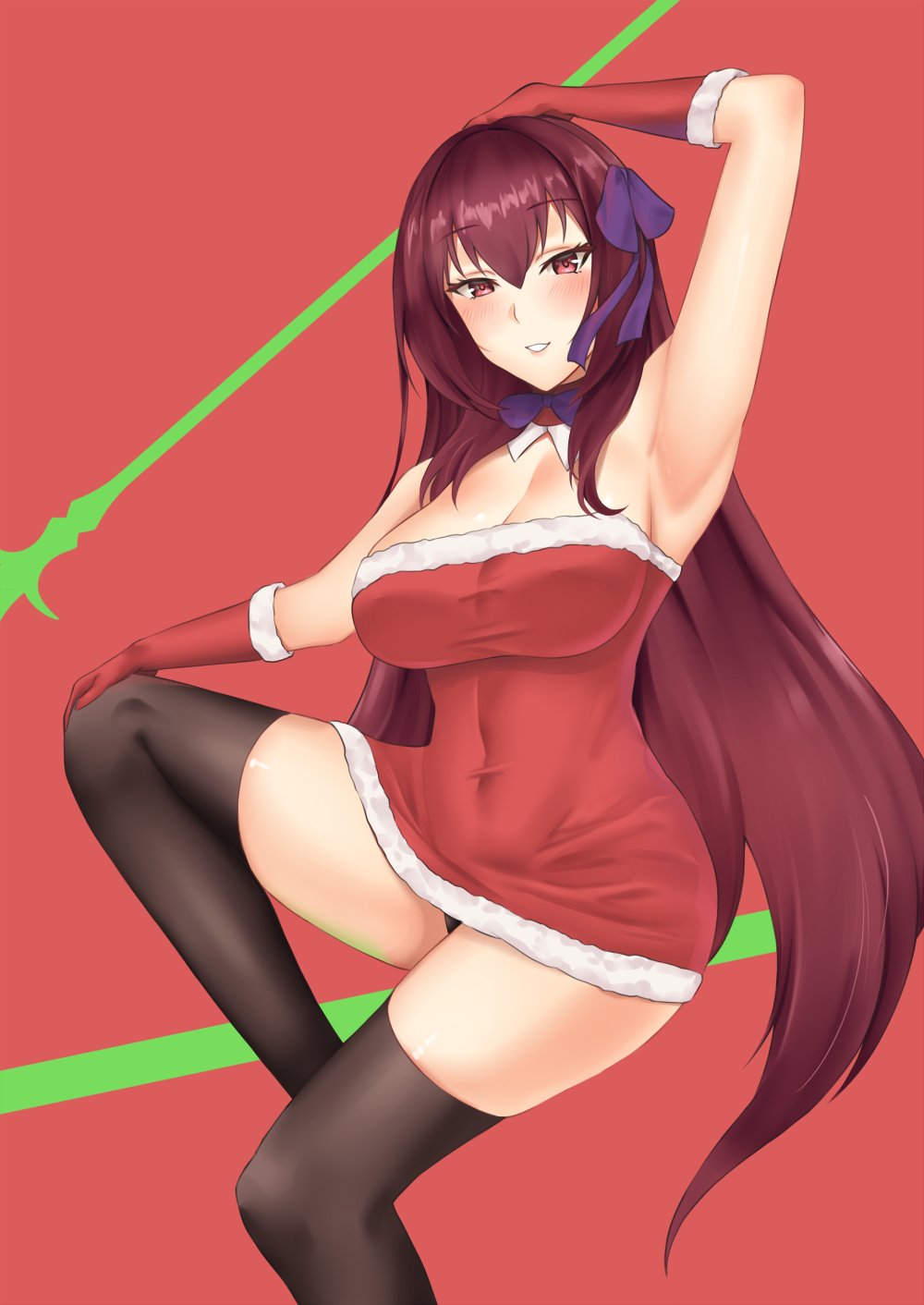 1girl alternate_costume blush breasts crimecrime fate/grand_order fate_(series) fur-trimmed_dress fur-trimmed_gloves fur_trim gloves hair_intakes hair_ribbon highres large_breasts long_hair neck_ribbon purple_hair red_background red_eyes red_gloves ribbon santa_costume santa_dress scathach_(fate)_(all) scathach_(fate/grand_order) smile solo thigh-highs