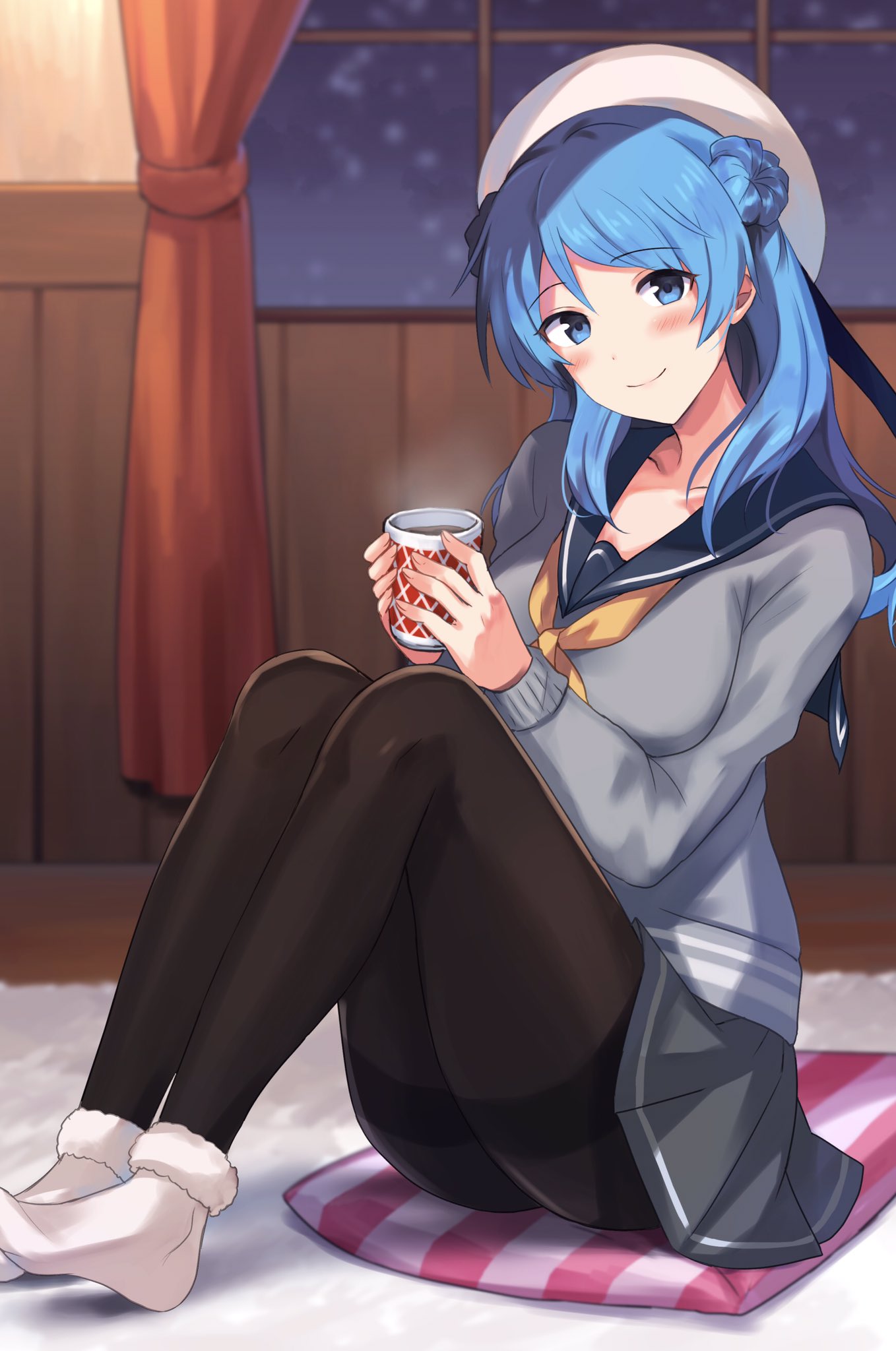 1girl bangs beret black_legwear blue_eyes blue_hair blush breasts cup curtains double_bun eyebrows_visible_through_hair fur_trim grey_skirt hat highres holding holding_cup indoors kantai_collection large_breasts long_hair long_sleeves neckerchief night pantyhose pillow pleated_skirt sailor_collar sailor_hat senbei_(senbe_i) sitting skirt smile snowing socks socks_over_pantyhose solo steam thighband_pantyhose urakaze_(kantai_collection) white_headwear white_legwear window yellow_neckwear