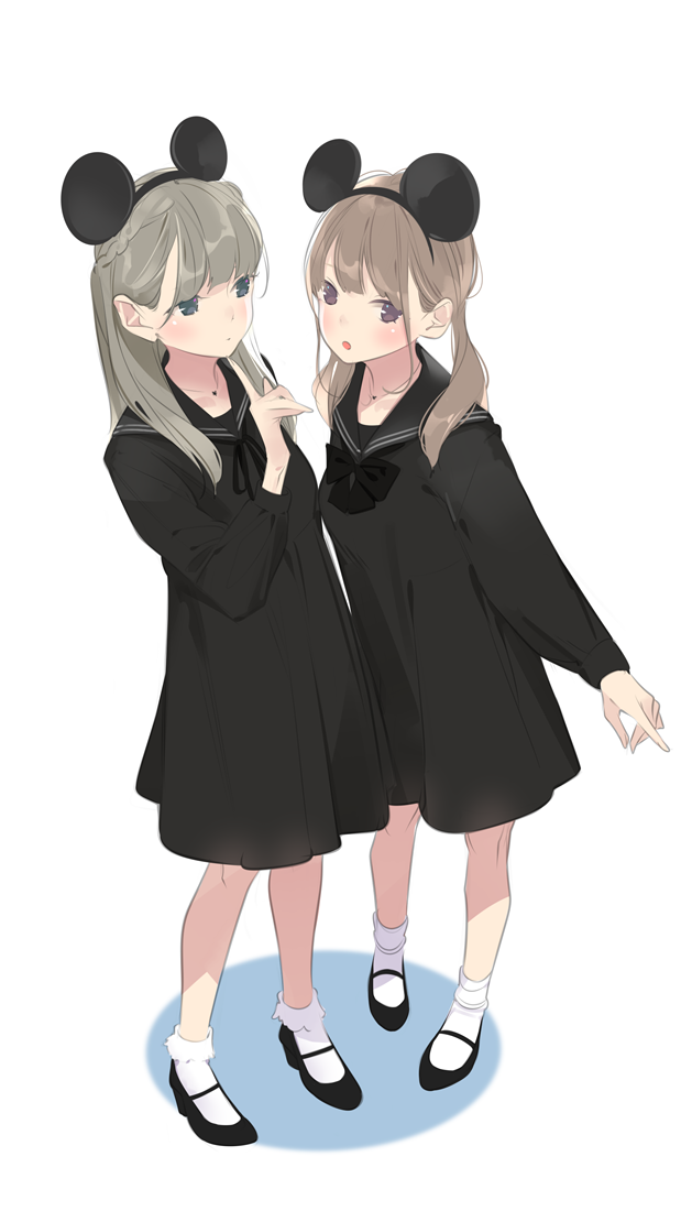 2girls ama_mitsuki black_footwear black_sailor_collar blue_eyes brown_hair dress full_body grey_hair jewelry low_twintails mary_janes mickey_mouse_ears multiple_girls necklace original sailor_collar sailor_dress shoes simple_background socks twintails violet_eyes white_background white_legwear
