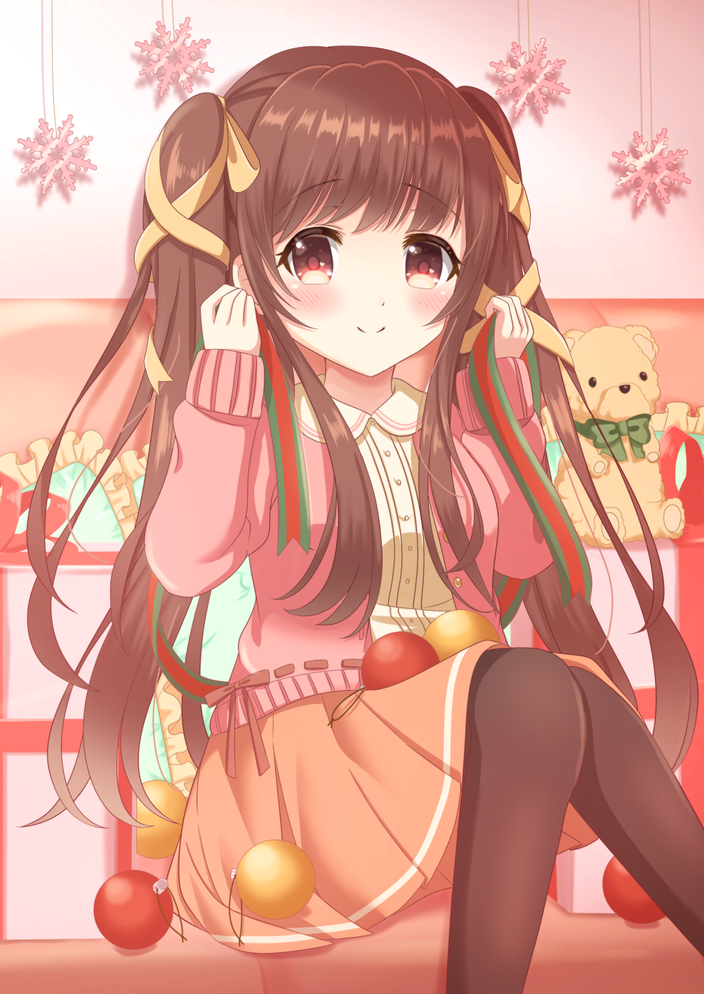 1girl arms_up bangs blouse blush box brown_eyes brown_hair brown_legwear cardigan christmas_ornaments commentary_request couch drop_shadow eyebrows_visible_through_hair feet_out_of_frame gift gift_box hair_ribbon highres holding holding_ribbon knees_together long_hair long_sleeves looking_at_viewer nekomaccha on_couch open_cardigan open_clothes orange_shirt original pantyhose pillow pink_cardigan ribbon shirt sitting smile snowflake_ornament solo striped striped_ribbon stuffed_animal stuffed_toy teddy_bear two_side_up very_long_hair white_blouse