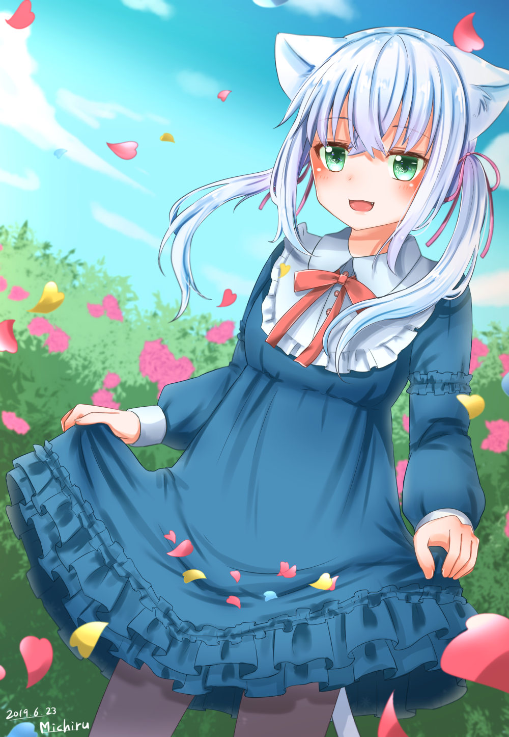 1girl :d animal_ears artist_name blue_dress blue_sky blush cat_ears clouds dated day dress flower frills green_eyes hair_ribbon highres long_sleeves michiru_donut open_mouth original outdoors pantyhose petals pink_ribbon red_ribbon ribbon sidelocks silver_hair skirt_hold sky smile solo standing twintails white_hair