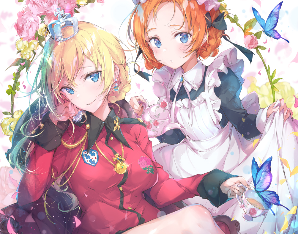 2girls alternate_costume blonde_hair blue_eyes blush bug butterfly closed_mouth commentary_request crown cup darjeeling dress dress_lift emblem enmaided flower girls_und_panzer insect jewelry lifted_by_self long_sleeves looking_at_viewer maid multiple_girls necklace orange_hair orange_pekoe pulp_piroshi short_hair sitting smile st._gloriana's_(emblem) st._gloriana's_military_uniform tea teacup teapot white_dress