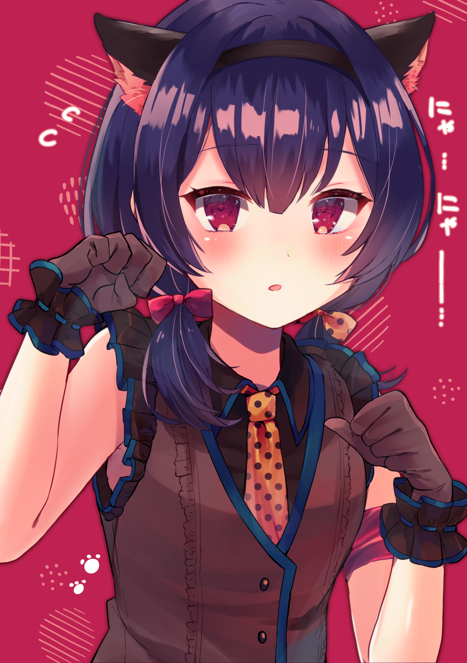 1girl animal_ear_fluff animal_ears bad_hands bangs beniko_(ymdbnk) black_hairband black_shirt blush bow brown_bow brown_gloves brown_neckwear brown_vest cat_ears collared_shirt commentary_request eyebrows_visible_through_hair flying_sweatdrops frilled_vest frills gloves hair_between_eyes hair_bow hairband hands_up highres idolmaster idolmaster_shiny_colors long_hair looking_at_viewer low_twintails morino_rinze necktie parted_lips polka_dot polka_dot_bow polka_dot_neckwear purple_hair red_background red_bow red_eyes shirt sleeveless sleeveless_shirt solo translation_request twintails upper_body vest