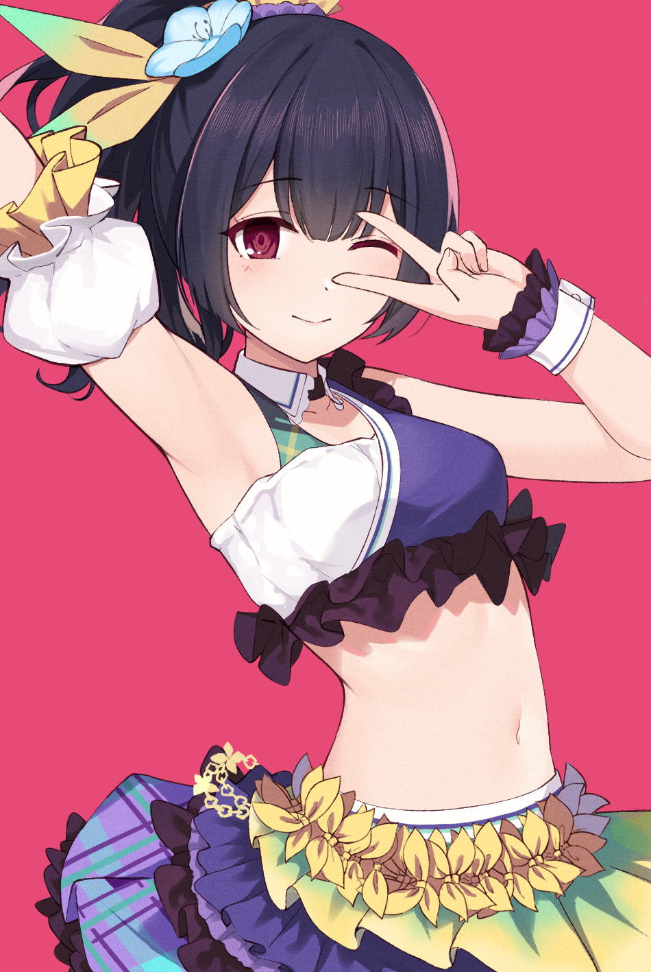 1girl ;) arm_up armpits bangs bare_shoulders black_hair blue_flower blush breasts closed_mouth collar commentary_request detached_collar detached_sleeves eyebrows_visible_through_hair flower gin00 hair_flower hair_ornament hair_ribbon hand_up high_ponytail highres idolmaster idolmaster_shiny_colors midriff morino_rinze navel one_eye_closed pink_background plaid plaid_skirt pleated_skirt ponytail puffy_short_sleeves puffy_sleeves purple_skirt red_eyes ribbon short_sleeves simple_background skirt sleeveless small_breasts smile solo v_over_eye white_collar white_sleeves wing_collar wrist_cuffs yellow_ribbon