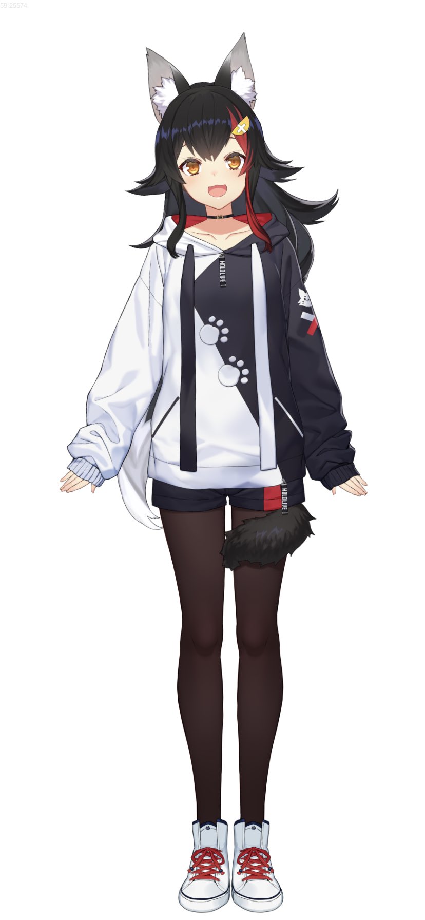 1girl animal_ear_fluff animal_ears asymmetrical_clothes black_choker black_hair black_shorts blush brown_legwear choker collarbone copyright_name full_body hair_ornament hairclip highres hololive hood hoodie izumi_sai long_hair long_sleeves looking_at_viewer multicolored_hair official_art ookami_mio open_mouth pantyhose paw_print_pattern redhead shoes short_shorts shorts sleeves_past_wrists smile sneakers solo streaked_hair tail tail_wrap virtual_youtuber white_footwear wolf_ears wolf_girl wolf_tail yellow_eyes