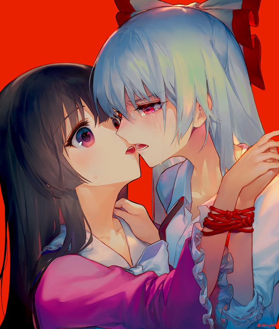 2girls ainy77 artist_name bangs black_hair blush bound bound_wrists bow bowtie collarbone commentary_request crying crying_with_eyes_open eye_contact eyebrows_visible_through_hair frilled_sleeves frills fujiwara_no_mokou hair_between_eyes hand_up houraisan_kaguya imminent_kiss long_hair long_sleeves looking_at_another multiple_girls open_mouth pink_eyes pink_shirt red_background rope shirt sidelocks silver_hair simple_background suspenders tears touhou twitter_username upper_body white_bow white_neckwear white_shirt wide_sleeves yuri