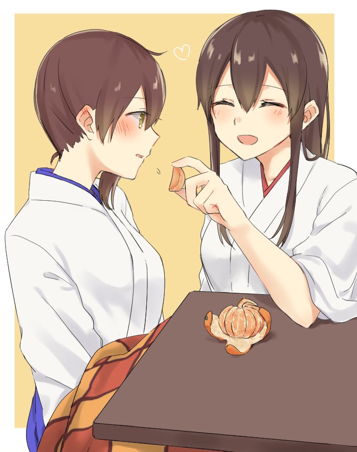 2girls ^_^ akagi_(kantai_collection) blue_hakama blue_skirt blush bou_(wataame) brown_eyes brown_hair closed_eyes facing_another food fruit hakama hakama_skirt japanese_clothes kaga_(kantai_collection) kantai_collection kotatsu long_hair looking_at_another mandarin_orange multiple_girls sitting skirt smile table