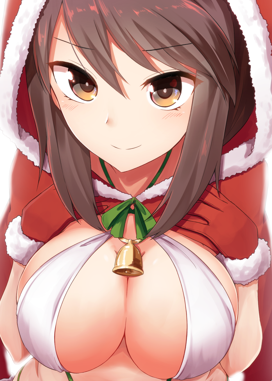 1girl bell blush breasts brown_eyes brown_hair christmas closed_eyes commentary_request eyebrows_visible_through_hair girls_und_panzer gloves highres hood large_breasts mika_(girls_und_panzer) nenosame red_gloves short_hair smile solo upper_body