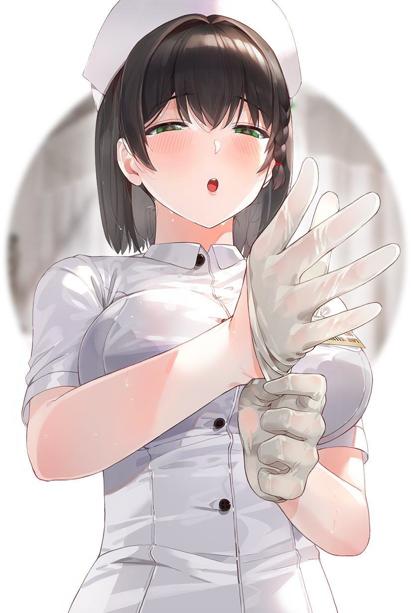 1girl :o adjusting_clothes adjusting_gloves bangs black_hair blurry blurry_background blush braid breasts buttons commentary_request dripping glove_pull gloves green_eyes half-closed_eyes hat highres kfr large_breasts lipstick looking_at_viewer makeup name_tag nurse nurse_cap original see-through short_hair short_sleeves sidelocks single_braid solo sweat tareme upper_body wet white_gloves white_headwear