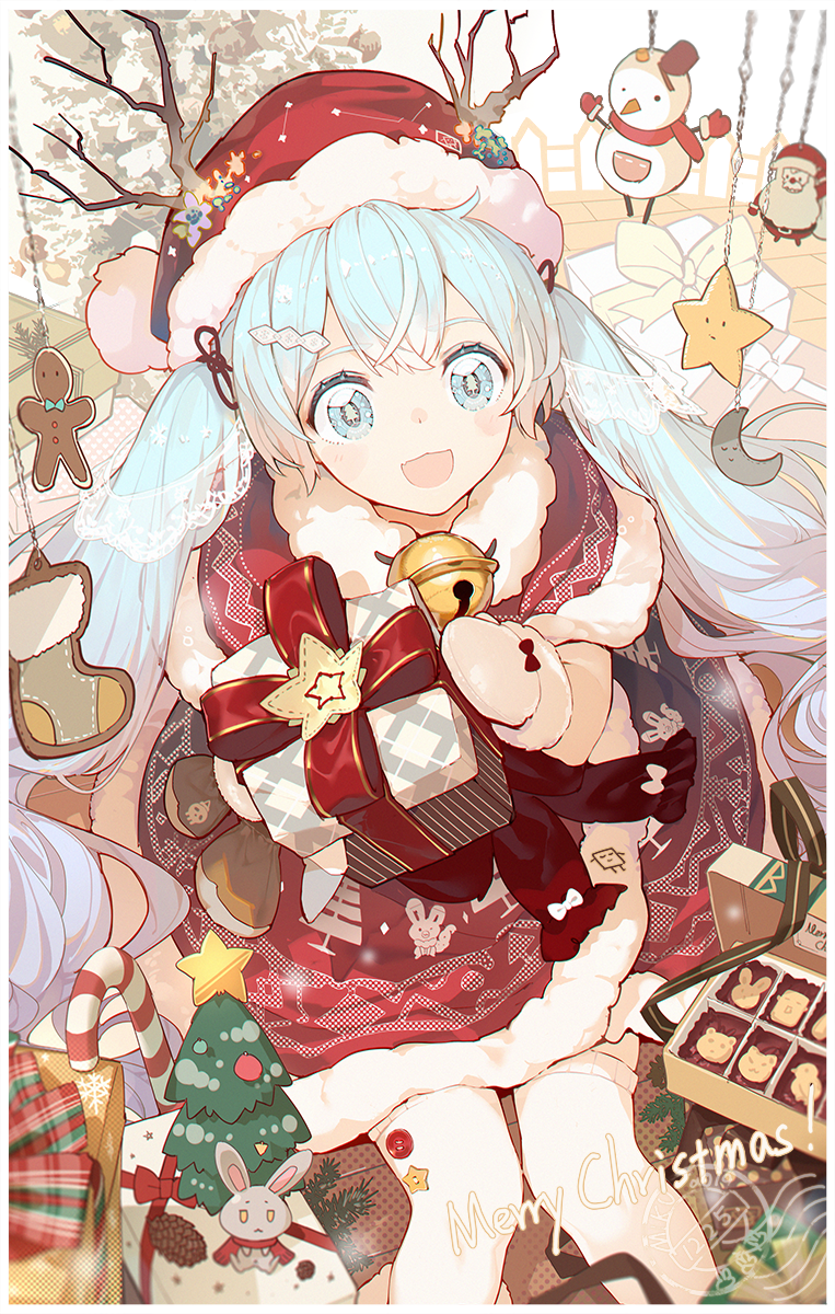 1girl :d alternate_costume antlers bell blue_eyes blue_hair border box candy candy_cane capelet chain christmas christmas_stocking christmas_tree commentary constellation_print cookie crescent dress feet_out_of_frame food fur-trimmed_capelet fur-trimmed_dress fur-trimmed_hat fur_trim gift gift_box gingerbread_man hair_ornament hairclip hat hat_ornament hatsune_miku highres holding holding_gift jingle_bell lf long_hair looking_at_viewer mermaid mittens monster_girl open_mouth pinecone rabbit red_capelet red_dress red_headwear santa_claus santa_hat see-through sitting smile snowman solo star thigh-highs very_long_hair vocaloid white_border white_legwear white_mittens yuki_miku yuki_miku_(2019)