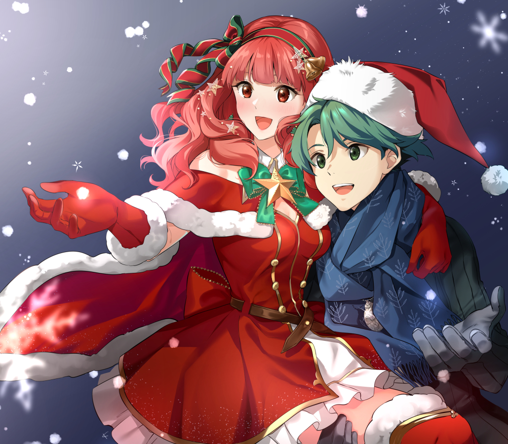 1boy 1girl alm_(fire_emblem) alternate_costume bell belt celica_(fire_emblem) dress fire_emblem fire_emblem_echoes:_shadows_of_valentia fur_trim gloves green_hair hat long_hair long_sleeves misu_kasumi open_mouth pom_pom_(clothes) red_eyes red_gloves red_headwear redhead santa_hat scarf short_hair snowflakes snowing