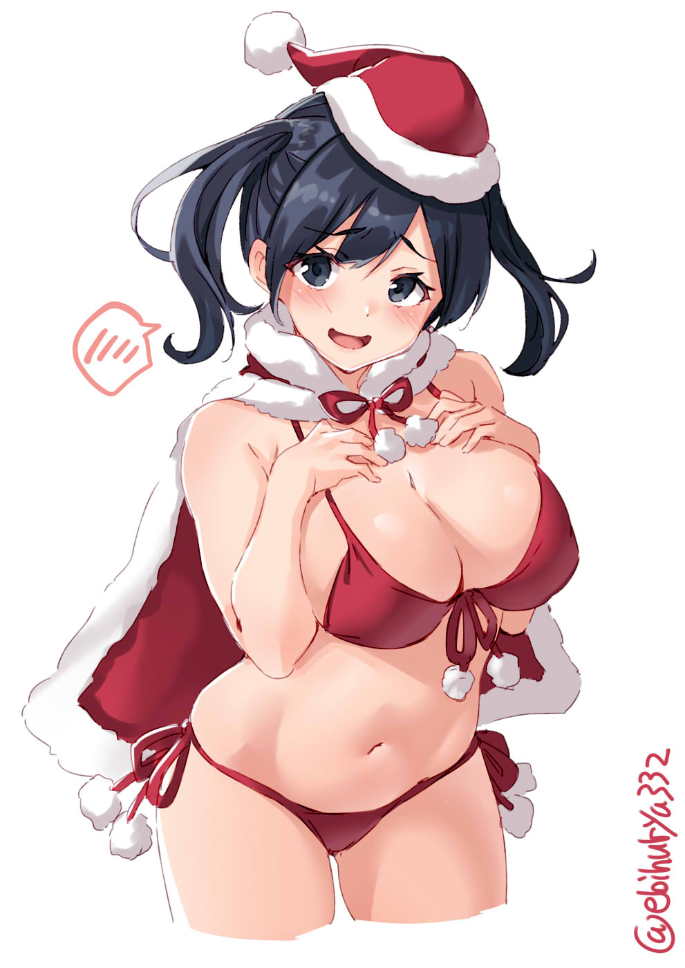 1girl :d alternate_costume bikini blue_eyes blue_hair blush breasts capelet cowboy_shot ebifurya front-tie_top hair_between_eyes hands_on_own_chest hat highres kantai_collection large_breasts looking_at_viewer midriff navel open_mouth pom_pom_(clothes) red_bikini red_capelet ribbon santa_bikini santa_costume santa_hat short_hair side-tie_bikini simple_background smile solo souryuu_(kantai_collection) spoken_blush swimsuit twintails twitter_username white_background